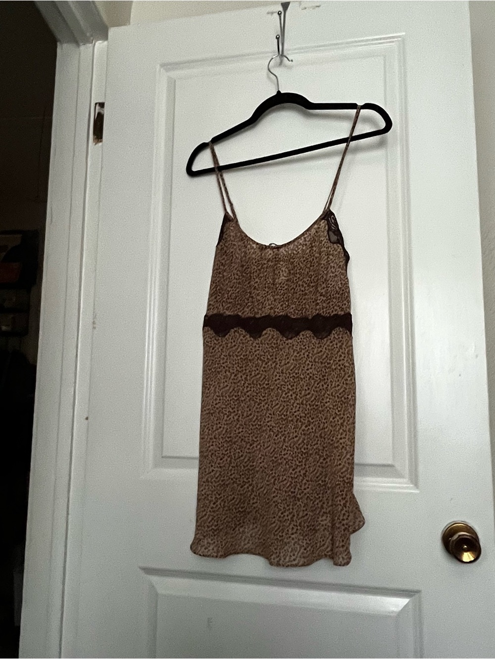 Leopard-Print Chemise Slip with Lace Waistband - Brown